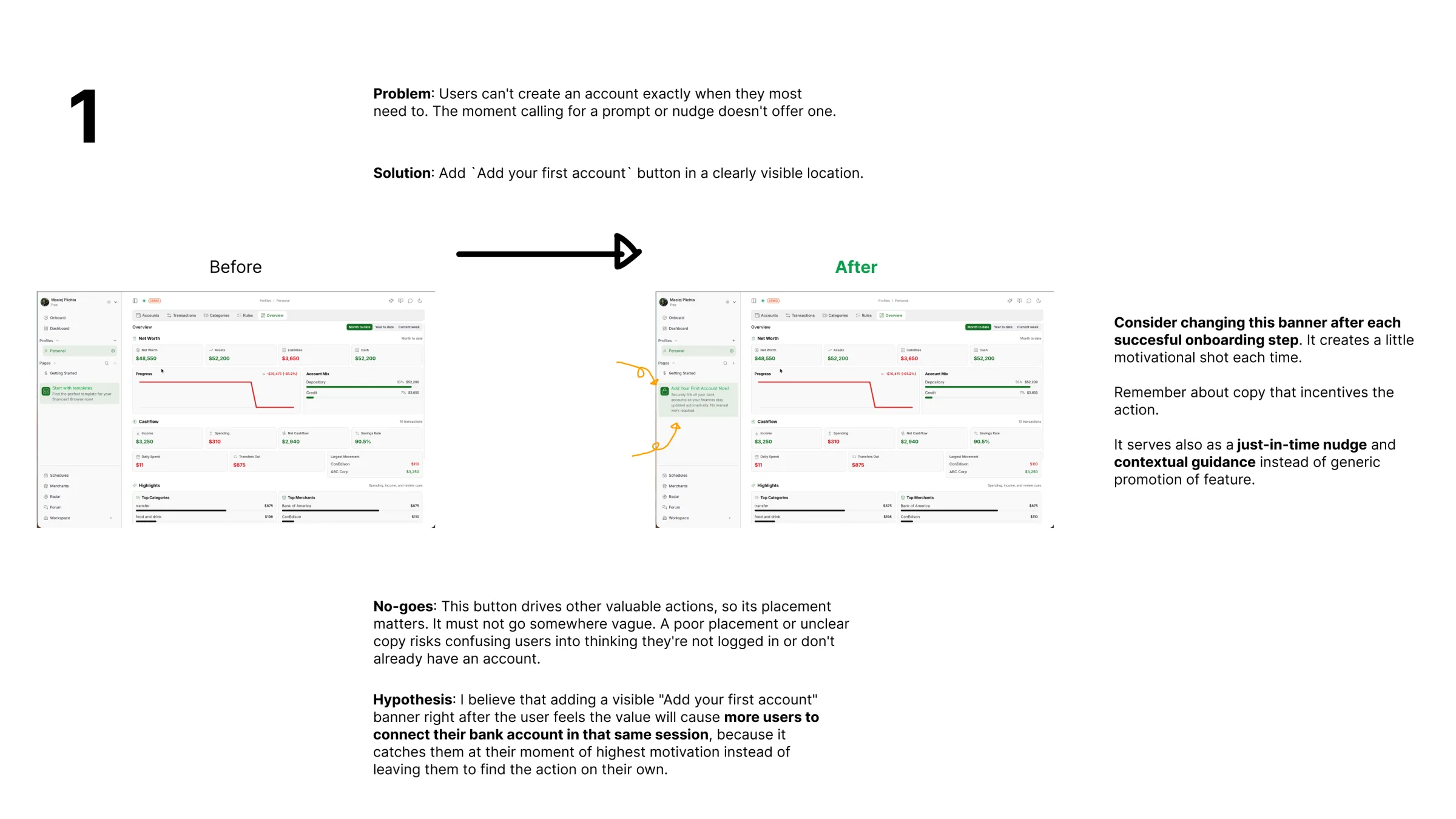 Fina money audit slide: before and after of the dashboard with an added 'Add your first account' banner