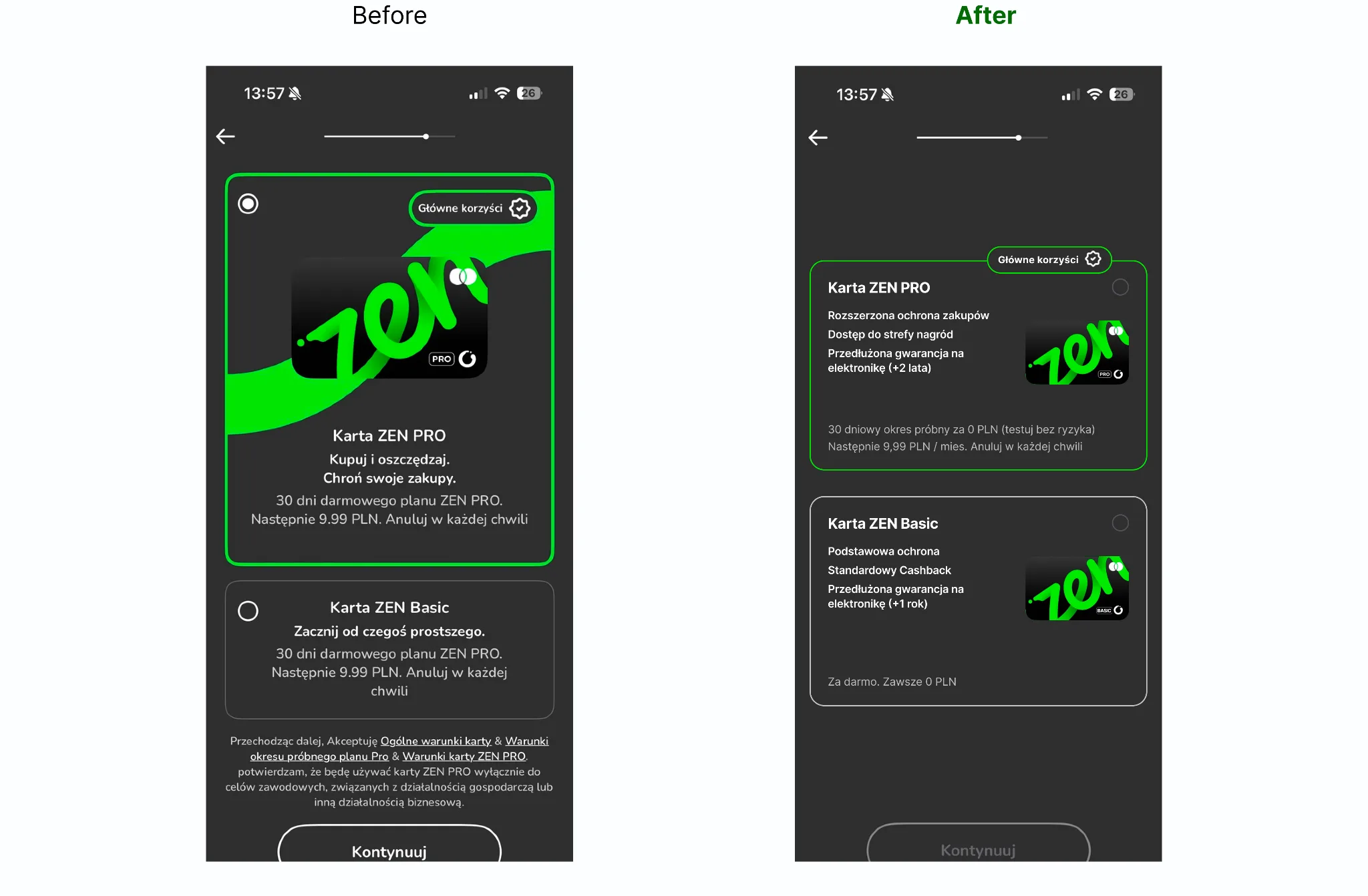 Before and after screens from the ZEN.com plan-selection teardown